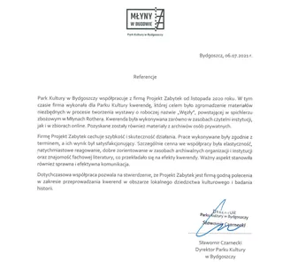List referencyjny Parku Kultury w Bydgoszczy